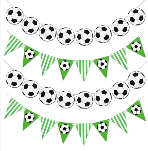 4 Stück Fußball Deko Banner, Fußball Girlande, Fussball Deko Geburtstag Banner, Fussball Party Deko Wimpelkette, Fussball Geburtstag Deko Wimpel für Fußball-Fans, Fußball Thema Party Supplies