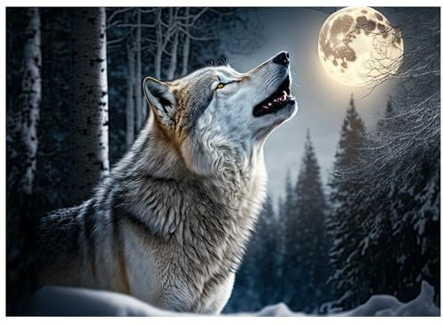 Fototapete Wolf Wald Natur Mond Nacht Tiere 400x280 cm - inkl. Kleister - für Wohnzimmer Schlafzimmer Flur Modern Vlies Tapete Vliestapete Wandtapete Motivtapeten