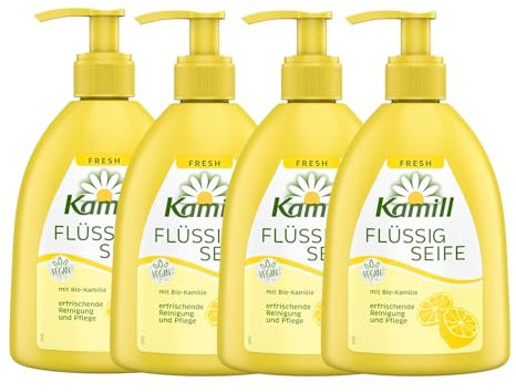 4er Set Kamill Flüssig Handseife Fresh (4x300ml) - reinigt die Hände sanft und pflegt sie gleichzeitig mit Bio-Kamille aus kontrolliert biologischem Anbau und Bisabolol