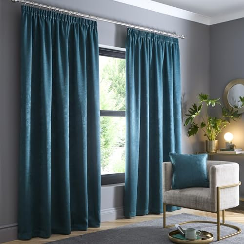 Fusion Forest Green Curtains W46 x L54 (117 x 137cm) - 100% Cotton - 2x Panels - Pencil Pleat Curtains - Soundproof & Thermal for Bedroom