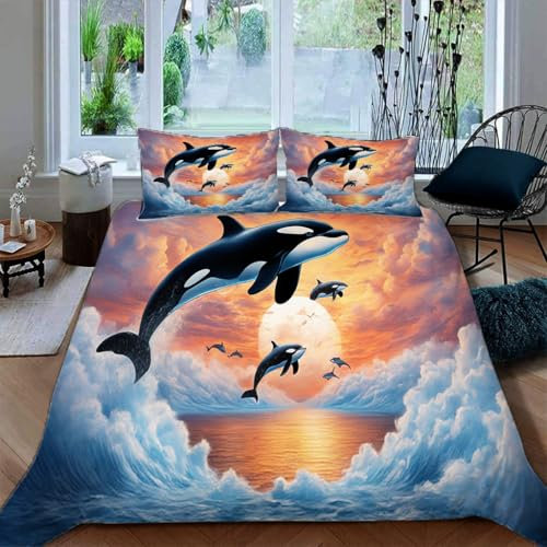 Ruiqieor Bettwäsche 155x220cm,Orca Wal Motiv Bettwäsche-Set, Tier Bettbezug 3teilig Mit Kopfkissenbezug Für Jungen Mädchen Schlafzimmer Atmungsaktiv Mikrofaser Baumwolle Deckenbezug(#8)