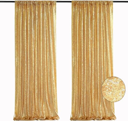 BrillShine Vorhang Hintergrund Hochzeit Pailletten, 2 Stück 60 x 240 cm Party Hintergrund Vorhang für Taufe Hochzeiten Brautdusche Geburtstag Abschlussfeier Schule Party Deko Gold
