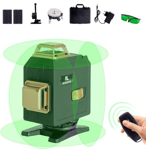 Roomark Livella Laser Autolivellante 4 X 360°, Verde 16 Linee, Verticale e Orizzontale 4D, Batteria Ricaricabile 2 * 3000 mAh (Nero-Oro)