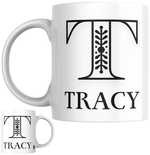 Designs of note! Tracy Personalised Initial Name Mug | Letter T Decorative Coffee Cup for Her | Novelty Elegant Gift for Women or Girls Called Tracy