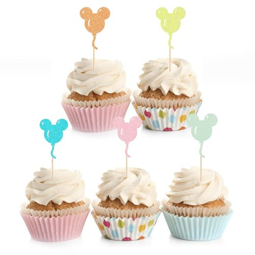 ZpiLkes 30 PCS Mouse Inspired Cupcake Toppers Glitter Multiple Colors Mini Mouse Balloon Cupcake Picks Decorations for Baby Shower Wedding Kids Birthday Party Supplies
