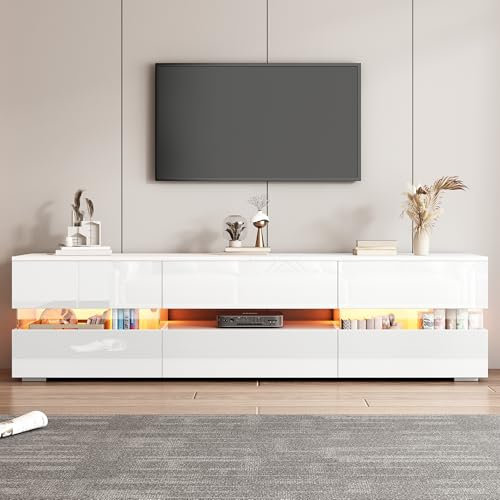 Meuble TV Avec Éclairage Led, 2 Portes, 1 Tiroir, Compartiment Ouvert, Adapté Aux Téléviseurs De 70 Pouces - Avec Insert En Verre Acrylique Et Ouverture Par Pression, Meubles Tv Brillants, Blanc, 160x