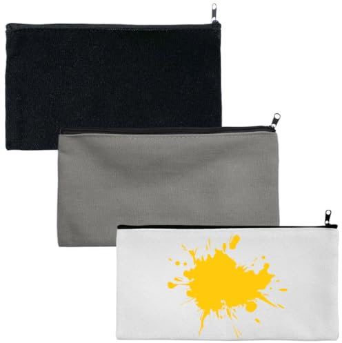 3 Stück Blanko Stoffbeutel,Taschen aus Baumwoll-Leinwand mit Reißverschluss,Stoff Federmäppchen,zum Bemalen,Tasche für DIY-Heimarbeit,Arbeit,Schule,Reisen,21 x 12 cm,Schwarz+Grau+Weiß