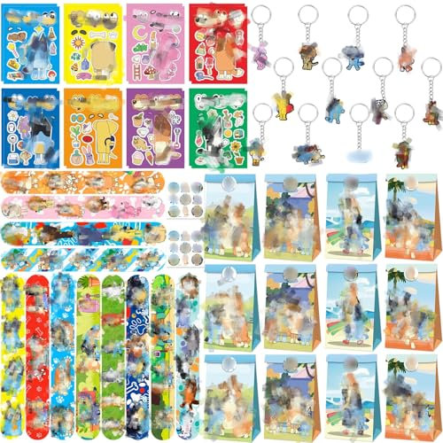 Mitgebsel Kindergeburtstag Gastgeschenke, 70PCS Geschenktüten Kindergeburtstag Kleine Geschenke für Kinder Schnapparmband Schlüsselanhänger Geschenktüten Aufkleber Geburtstag für Junge Mädchen