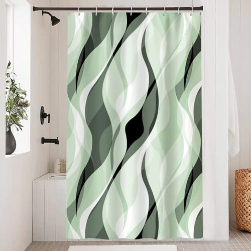 Uiiooazy Rideau Douche Anti Moisissure, Rideau de Douche Vert Sauge Abstrait Reyures Rayé Rideaux de Baignoire Tissu Imperméable Lavable Polyester Rideaux Salle de Bain avec 8 Crochets 120x200cm