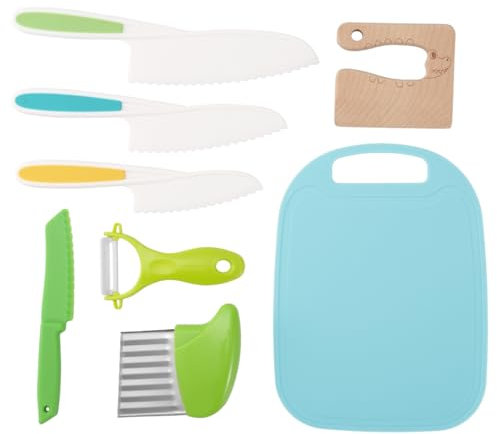 CUPERINOX Cuchillos Niños | Juego de Cuchillos Infantiles de 8 Piezas | Kit Cocina Método Montessori Aprendizaje +2 Años | Incluye Tabla de Cortar, Pelador y Cuchillo de Madera (8)
