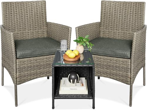 Best Choice Products 3-Piece Outdoor Wicker Conversation Bistro Set, Space Saving Patio Furniture for Garden w/Side Table - Taupe/Slate Green