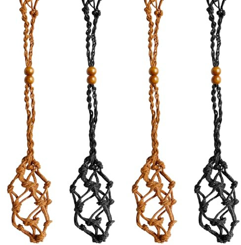 Bojueshaw 4pcs Crystal Necklace Holder,Adjustable Cord Cage Fish Netted Necklace Cord,Braided Netted Holder Rope for DIY Jewelry Making Accessories
