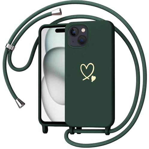 Yichxu Handyband für iPhone 15 Hülle mit Band, Herz Design Necklace Handyhülle zum Umhängen Kordel, Stoßfest Schutzhülle mit Kette, Weich TPU Liquid Silikon Case für iPhone 15, Grün