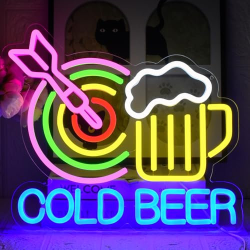UExnkj-Y Cold Beer Insegna al Neon,Freccette Luci al Neon Con pulsante e interruttore dimmerabili, adatto per bar della birra, club, stanze, luci da parete decorative per feste