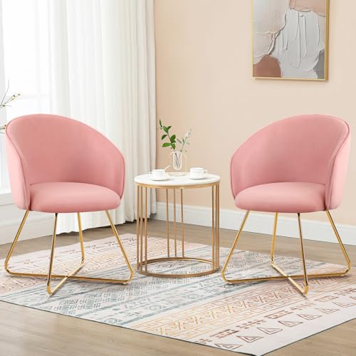 Hellove Schminktisch Stuhl mit Gold Metallbeinen, Stühle 2er Set Samt Rosa Comfy Schminktischstuhl, Simple Modern Sessel mit Armlehnen Zurück, Armchair, Makeup Polsterstuhl für Vanity,Wohnzimmer