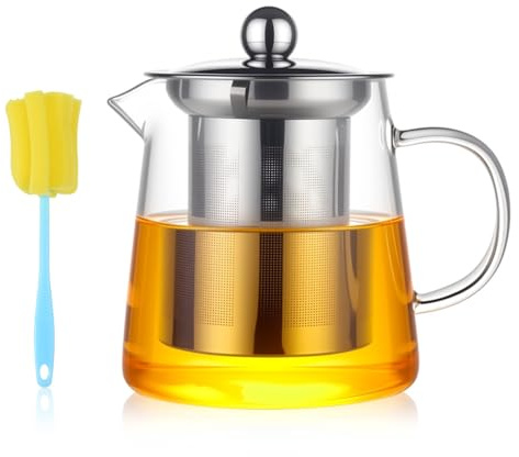 UHELET Tetera de Cristal con Infusor 450ml, Tetera de Vidrio Borosilicato Resistente al Calor,Teterade Cristal con Filtro de Acero Inoxidable para Té Sueltos y Té Flores- Con 1 Cepillo de Limpieza