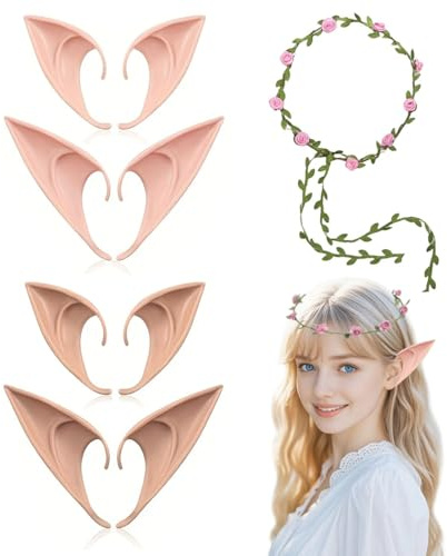 KOQAIIZ 4 Paar Elfen ohren, Elfenohren Latex Elfenohren für Kinder und Erwachsene, mit 1 Kranz, für Elfen-Cosplay, Weihnachten, Halloween, Karneval, Party
