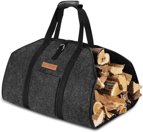 Kaminholzkorb Filzkorb extra dicker Filz & verstärkte Griffe | Holzkorb Filztasche faltbar auch als Einkaufskorb Auto & Aufbewahrungskorb für Holz Zeitungen Kaminholz (Kohle schwarz)