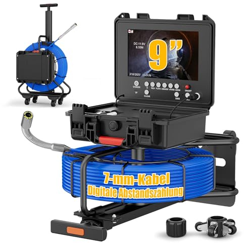 ESANHAO Inspektionskamera 7MM verstärkte Kabel Kanalkamera mit Selbstnivellierung/512Hz-Sonde Sender/DVR Rohrkamera mit Licht Endoskopkamera wasserdichte IP68, 9-Zoll, 1080P(32-GB-Karte,50M)