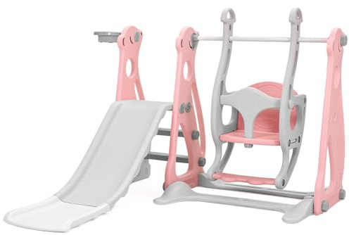 Warmiehomy Baby Slide Polar Bear Flat Beam 3-In-1, Multi - Function Baby Swing And Slide Set, Toddler Slide With Basketball Hoop Indoor And Outdoor Playground For Children Age 1-3 Pink 152x115x108cm