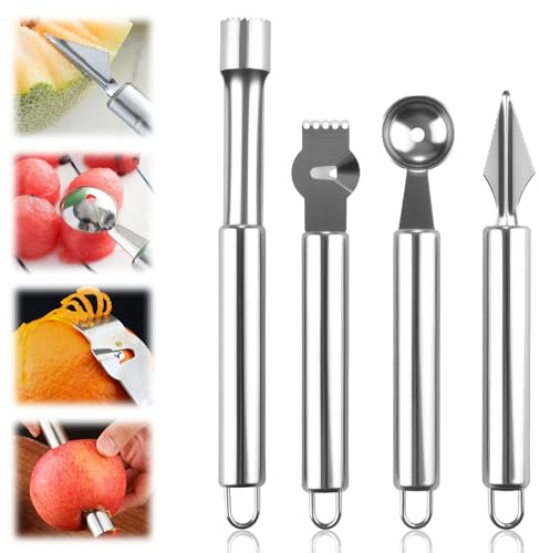 Lot de 4 Cuillères à Fruits en Acier Inoxydable 304 - Vide Pomme, Cuillère à Melon Parisienne, Zesteur et Découpe Fruit Gadgets - Pour Sculpture Créative de Fruits DIY, Accessoires de Cuisine
