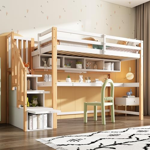 Mrwoo Kinderbett 90x200 cm mit Schreibtisch und Treppe Stauraum, Hochbett mit Offene Regale, Stauraumbett, Holzbett, Etagenbett, Weiß+Natur-A(Ohne Matratze)