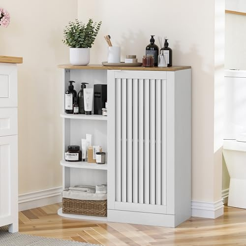 Eckschrank Badezimmer, Badschrank mit Türen & offenen Regalfächern, Platzsparender Eckschrank mit verstellbaren Einlegeböden, Freistehender Badezimmerschrank für Bad, Küche, Wohnzimmer, Weiß/Holzoptik