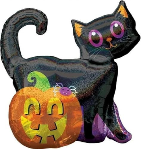 Amscan 3813901 - Folienballon Schwarze Katze mit Kürbis, Größe 68x71 cm, Dekoration, Heliumballon, Ballon, Party, Halloween