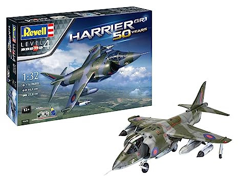 Revell Gift Set 05690 Harrier GR.1 50th Anniversary 1:32 Scale Unbuilt Plastic Model Kit with Contacta Professional Glue, Paintbrush & Selected Aqua Color Paints