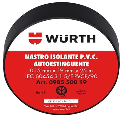 5 Nastro Isolante Nero 19mm x 25m x 0,15 mm WURTH 098550019 PVC Autoestinguente IEC RoHS Adesivo elettrico elettricista 19x25 mm/m