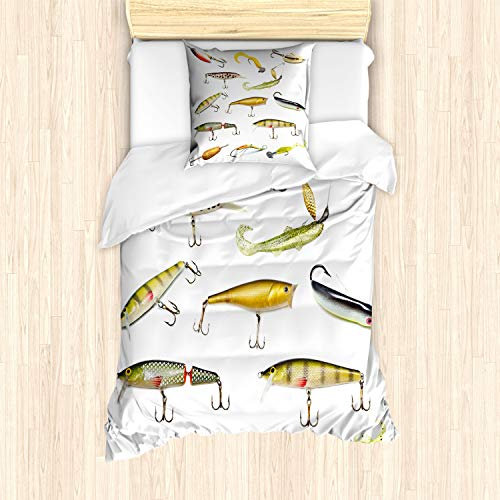 ABAKUHAUS Fisch Bettbezug Set für Einzelbetten, Jagd Seetiere Theme, Milbensicher Allergiker geeignet mit Kissenbezug, Mehrfarbig Senf