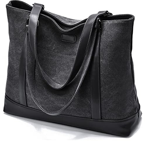 Canvas Laptop Tote Work Bag for Women with 15.6 Inch Computer Compartment Pockets, Black, L