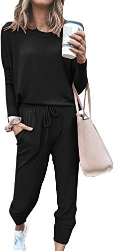 EFOFEI Damen Schlafanzug Lang Pyjama Set Trainingsanzug Tracksuit Pyjama Set Oberteile & Pyjamahosen Sportanzug Trainingsanzug Mode Schwarz M