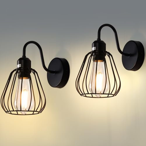 MantoLite Schwarz Käfig Wandleuchte Licht, 2Pcs E27 Edison Lampenhalter Wandleuchten Industrielles Nachttisch Lampe Leseleuchte Leuchte Wandleuchter Beleuchtung Fixture Für Wohnzimmer(Ohne Glühbirne)