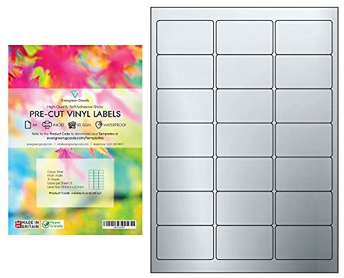 Evergreen Goods vorgeschnittene wasserdichte Multi-Aufkleber-Etiketten | Mattsilber | 7,6x17,8cm (21/Stück) | 210 Etiketten, 10 Blatt | Inkjet- und Laserdruck | Selbstklebend | Vielseitig verwendbar
