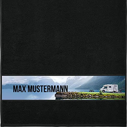 Manutextur Handtuch mit Namen - personalisiert - Motiv Wohnmobil 2 - viele Farben & Motive - Dusch-Handtuch - schwarz - Größe 50x100 cm - persönliches Geschenk mit Wunsch-Motiv und Wunsch-Name