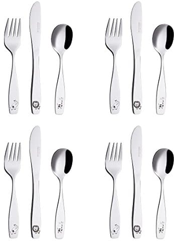 Exzact couverts pour enfant 12pcs en acier inoxydable 18/10-4 fourchettes, 4 couteaux de table sécurisés, 4 cuillères à soupe - Safari - Girafe éléphant lion