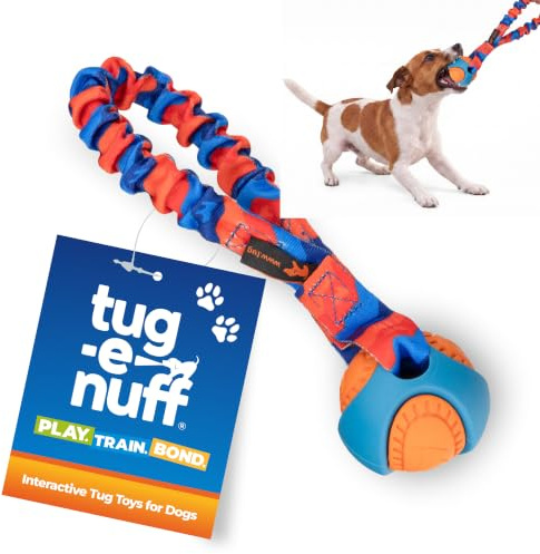 Tug-E-Nuff Pocket PowerBall Bungee Dog Tug Toy (Orange Pattern), 23cm | Compact Fetch & Tug of War Tough Rope Toys with Rubber Dog Ball, Strong Interactive for Training Small, Medium, Large Dogs