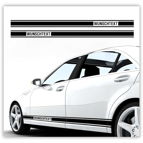 Seitenstreifen Aufkleber GT Style Set Auto Deko in Wunschfarbe mit Wunschtext - passend für Mercedes, BMW, Audi, Skoda, VW, Seat, Kombi und Limousine - GT Auto Aufkleber Dekorstreifen