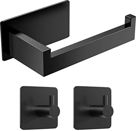 Eowihor Toilettenpapierhalter Ohne Bohren, Selbstklebend Klopapierhalter WC Papierhalter Edelstahl Toilettenpapierrollenhalter mit 2 Stück Handtuchhaken für Bad und Küche, Schwarz