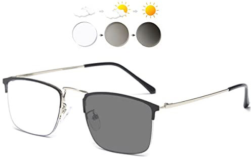 KOOSUFA Selbsttönende Lesebrille Blaulichtfilter Photochrome Herren Damen Halbrandbrille Rechteckiger Metallrahmen mit UV-Schutz Sonnenlesebrille Lesehilfe mit Stärke Schwarz silber, 1.5