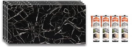 IZODEKOR Wandverkleidung Marmoroptik -4 Pcs 120x60cm- Alternative zu Badfliese/Küchenfliese, Duschwandpaneele, Wandpaneel für Küchenrückwand, Badezimmer, mit 4x Montagekleber | Black White