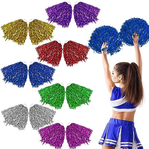14pcs Cheerleader-Pompons, 7 Farben Hell Metallic Cheers Ball Zum Cheerleader Puschel mit Griffen Pom Cheerleader Handblumen Hell Metallic Tanzwedel für Ballspiele, Tänze, Karnevalspartys Verwende