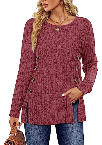 Sampeel Ladies Long Sleeve Tops Women UK Symmetrical Button Down Collar Split Tops Lightweight Jumpers Size 14-16 Red
