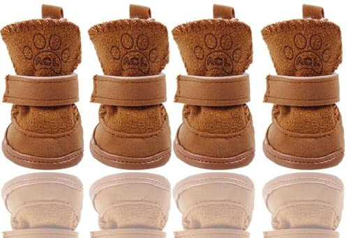 Hunde Schuhe Outdoor, FaJoek 4 Stücke Hundeschuhe Kleine Hunde, Welpen-Stiefel, Schneestiefel für Haustiere, Hundeschuhe Winter, Pfotenschutz Hund, Plüsch Hundestiefel, für Kleine Hunde Katzen (Braun)