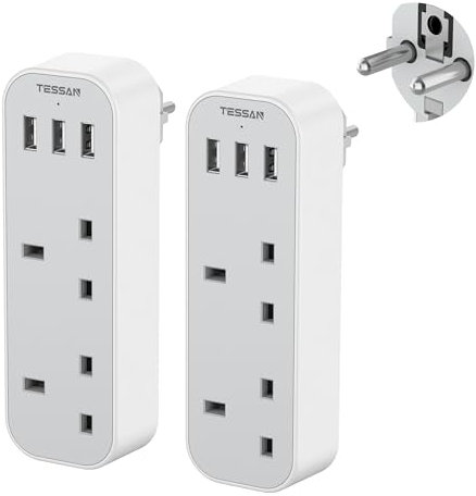 UK to European Plug Adapter, TESSAN EU Travel Adaptor with 3 USB Charger Ports 2 AC Outlets, Grounded Europe Power Adapter for France Spain Iceland Germany Greece Poland Portugal (Type E F), 2 Pack