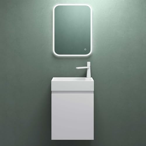 Mai & Mai Ensemble de Meuble de Salle de Bain Meuble sous Lavabo Suspendu Blanc Mat 46x26x63cm avec Vasque et Miroir LED PS02