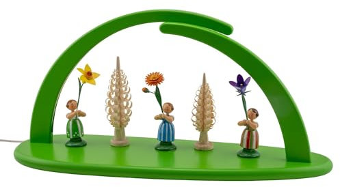 Seiffener Volkskunst | Oster LED Schwibbogen Lichterbogen | 42x21cm | Ideal für Osterdeko | Frühlingsmotiv aus dem Erzgebirge | hellgrün | mit Narzisse Ringelblume Wiesenglockenblume und Spanbäumen