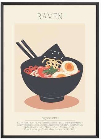 MJ-GRAPHICS - Poster Ramen - Bild mit Speisen Rezept & Zutaten - Wandbild Din A4 in Galerie Qualität mit extra dickem 300g Posterpapier - Retro Poster FineArt Kunstdruck ohne Bilderrahmen