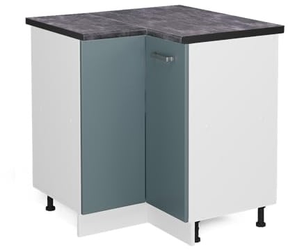 Vicco Eckunterschrank R-Line, Blau-Grau, 75.6 cm | Verbindet zwei Küchenseiten · Arbeitsplatte Anthrazit · Höhenverst. Füße · Metallgriffe · 1 Tür